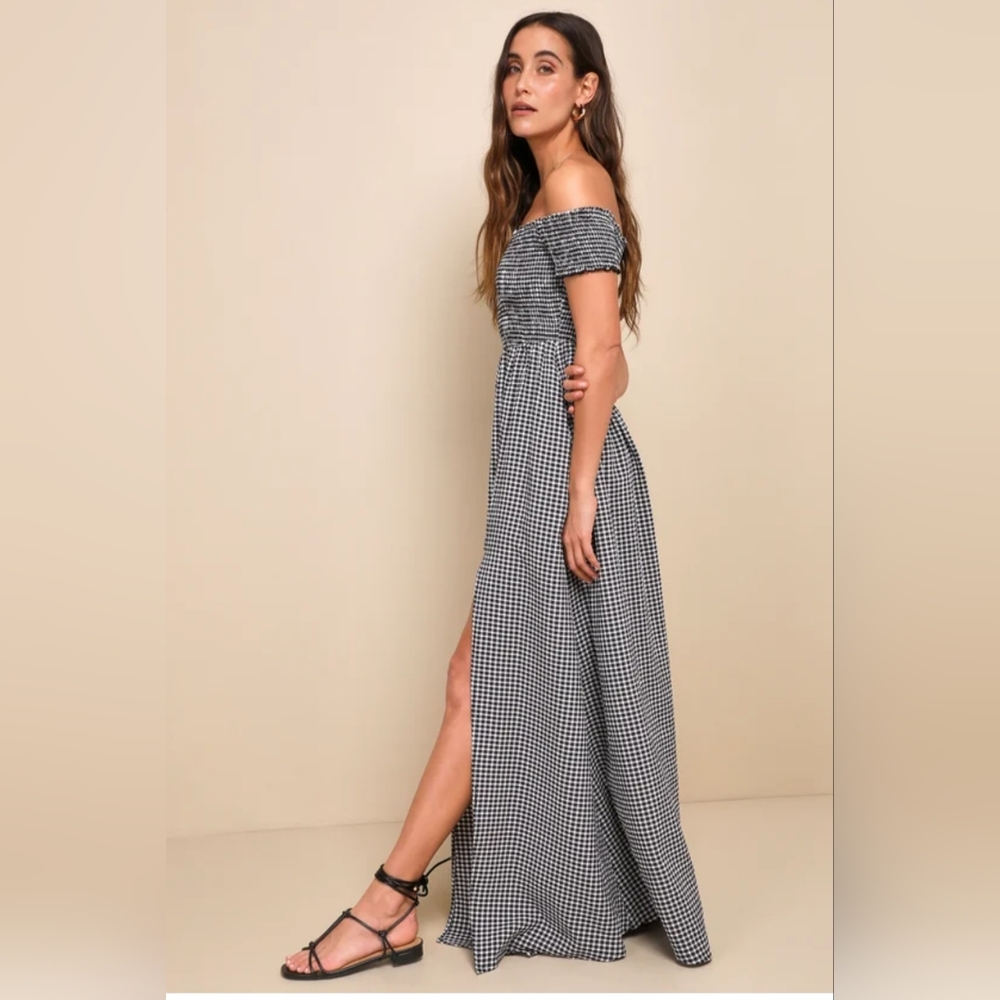 Lulu's Gingham Smock Off The Shoulder Pocket Side Slit Maxi Dress